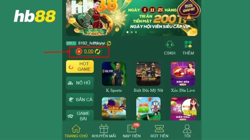 Chọn mục nạp tiền vào HB88