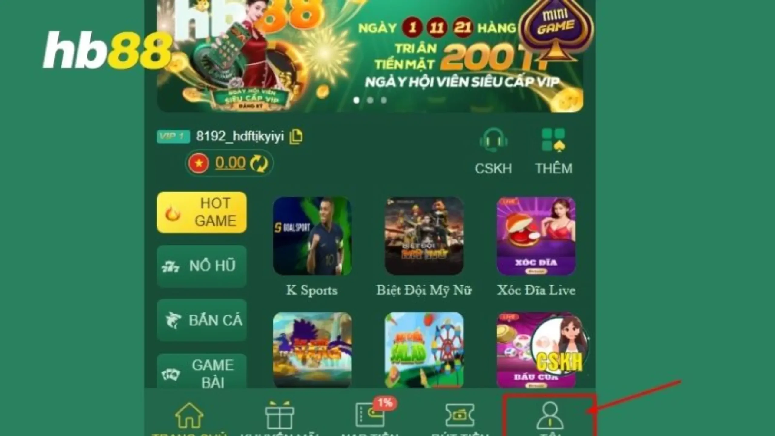 Rút tiền HB88 dễ dàng để nhận thưởng nóng liền tay Đăng nhập HB88 và chọn biểu tượng “Tôi”