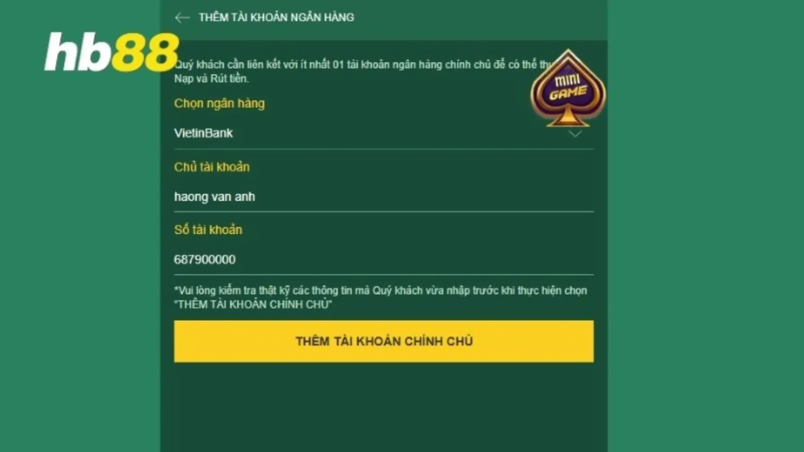Rút tiền HB88 dễ dàng để nhận thưởng nóng liền tay Điền đủ thông tin chính chủ của bạn