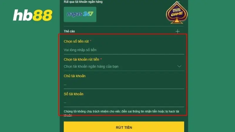 Rút tiền HB88 dễ dàng để nhận thưởng nóng liền tay Điền số tiền muốn rút